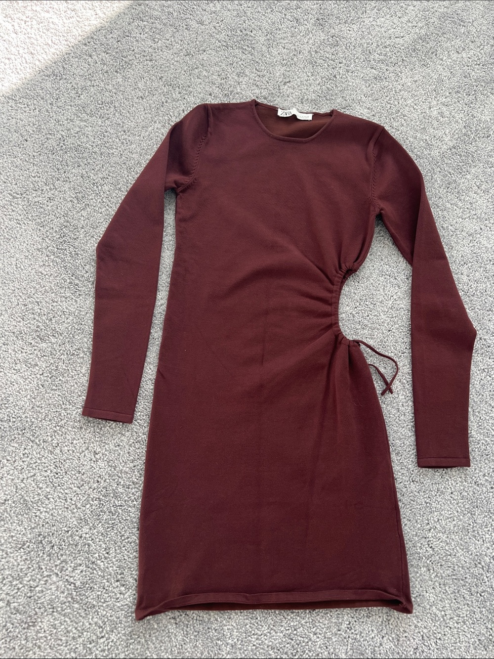 Zara Maroon Long Sleeve Side-Ruched Cutout Dress